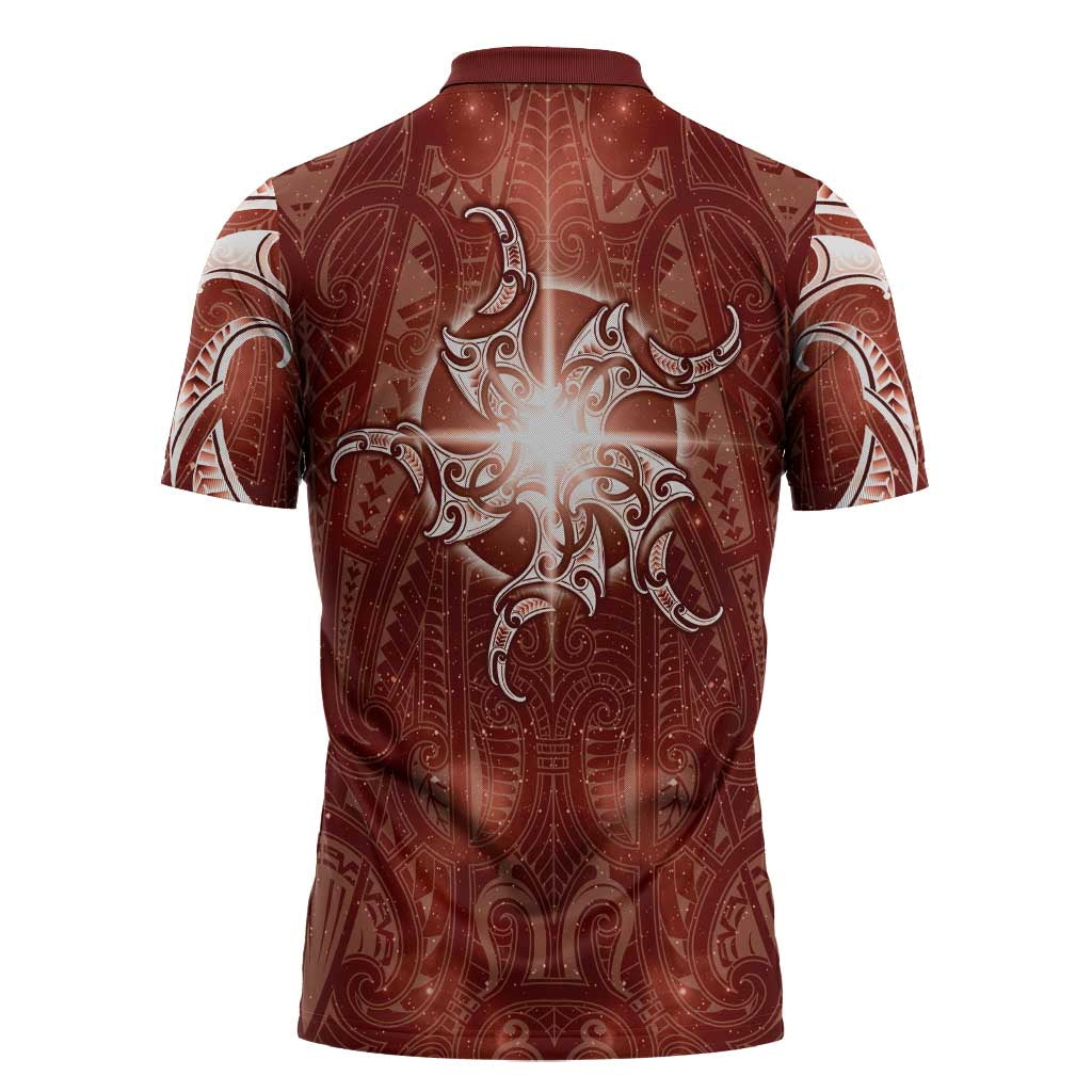 New Zealand Matariki Pohutukawa Zipper Polo Shirt Maori Moko Red Galaxy