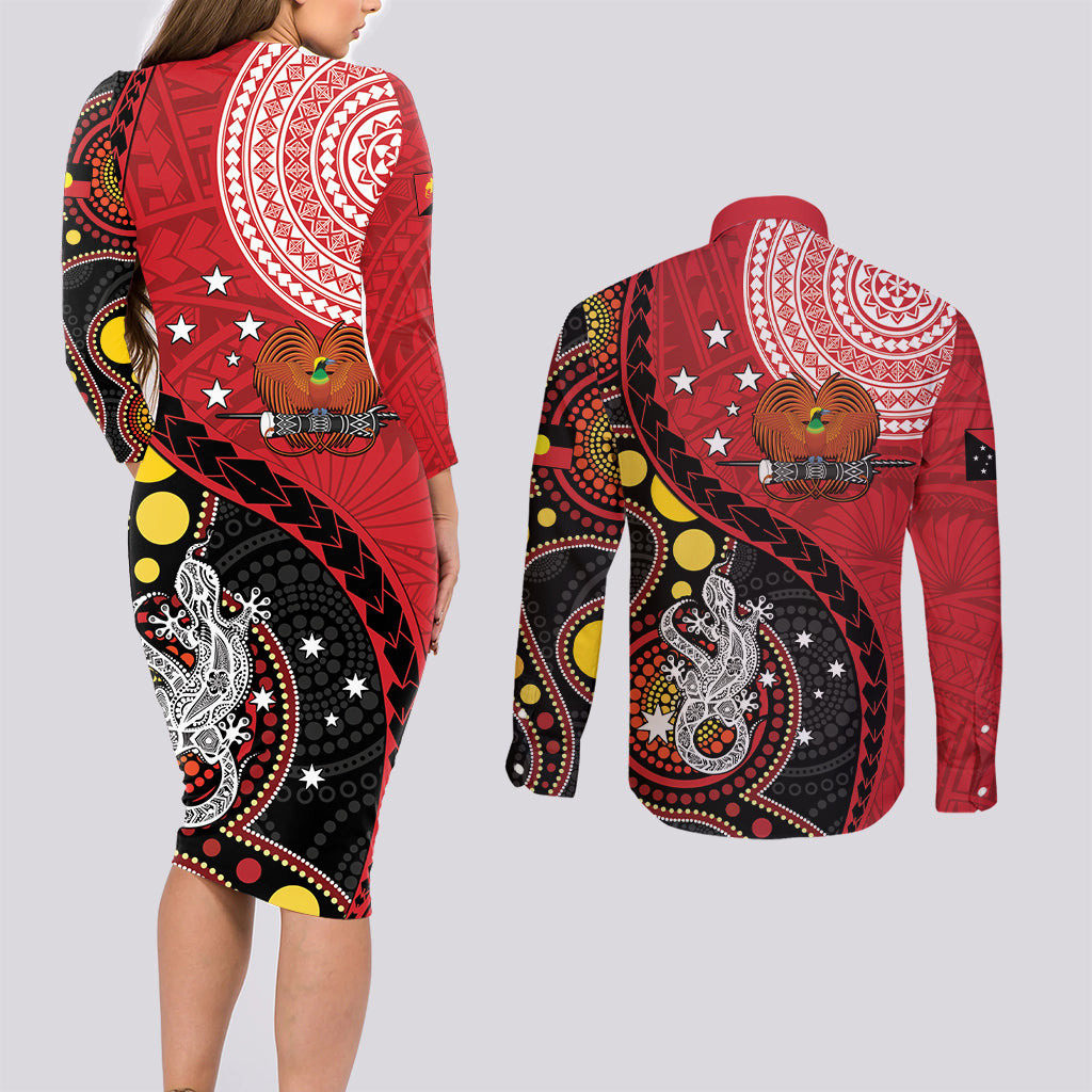 Papua New Guinea And Australia Aboriginal Couples Matching Long Sleeve Bodycon Dress and Long Sleeve Button Shirt Bird Of Paradise And Kangaroo Together