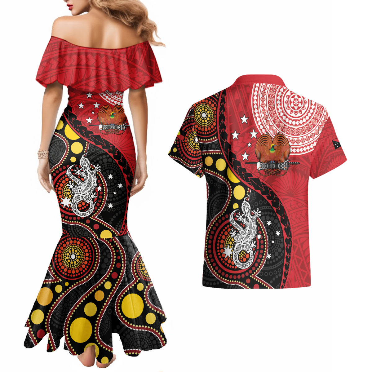 Papua New Guinea And Australia Aboriginal Couples Matching Mermaid Dress and Hawaiian Shirt Bird Of Paradise And Kangaroo Together LT05 - Polynesian Pride
