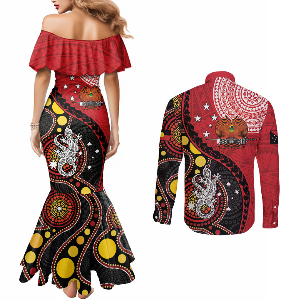 Papua New Guinea And Australia Aboriginal Couples Matching Mermaid Dress and Long Sleeve Button Shirt Bird Of Paradise And Kangaroo Together