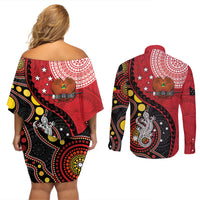 Papua New Guinea And Australia Aboriginal Couples Matching Off Shoulder Short Dress and Long Sleeve Button Shirt Bird Of Paradise And Kangaroo Together