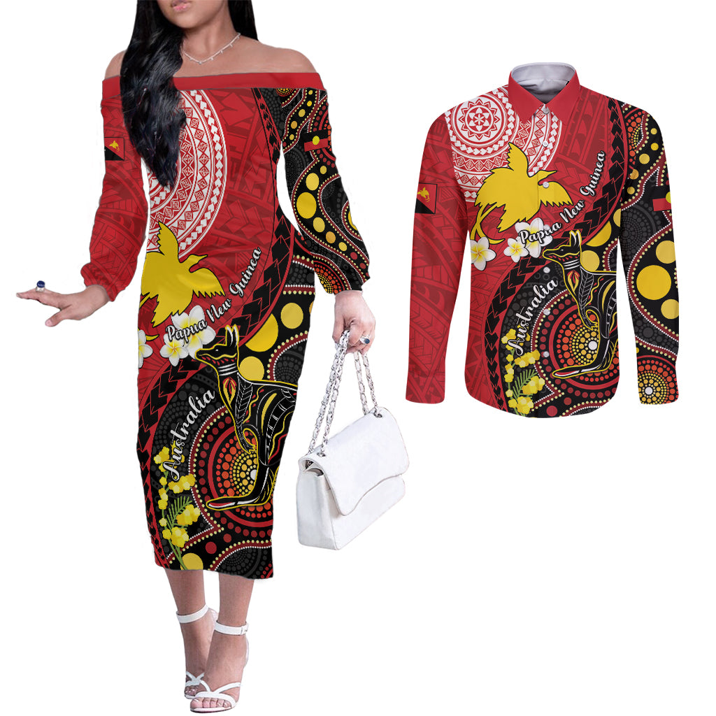 Papua New Guinea And Australia Aboriginal Couples Matching Off The Shoulder Long Sleeve Dress and Long Sleeve Button Shirt Bird Of Paradise And Kangaroo Together