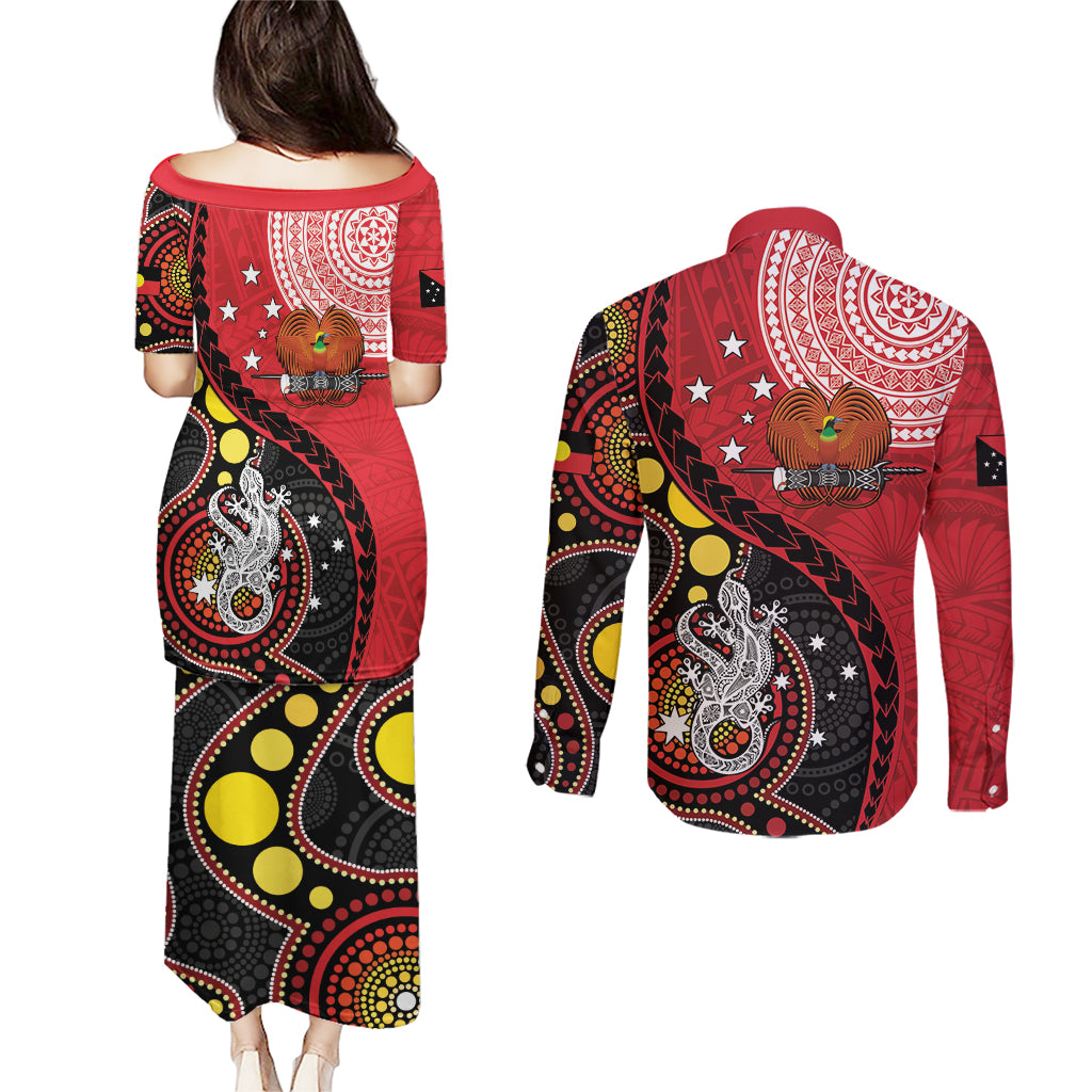 Papua New Guinea And Australia Aboriginal Couples Matching Puletasi and Long Sleeve Button Shirt Bird Of Paradise And Kangaroo Together