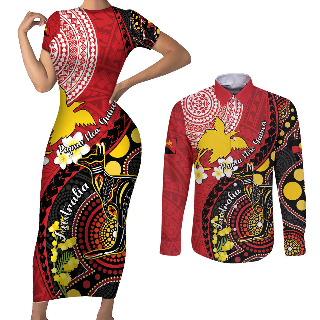 Papua New Guinea And Australia Aboriginal Couples Matching Short Sleeve Bodycon Dress and Long Sleeve Button Shirt Bird Of Paradise And Kangaroo Together