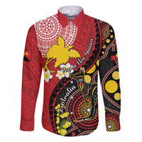 Papua New Guinea And Australia Aboriginal Family Matching Puletasi and Hawaiian Shirt Bird Of Paradise And Kangaroo Together LT05 Dad's Shirt - Long Sleeve Red - Polynesian Pride