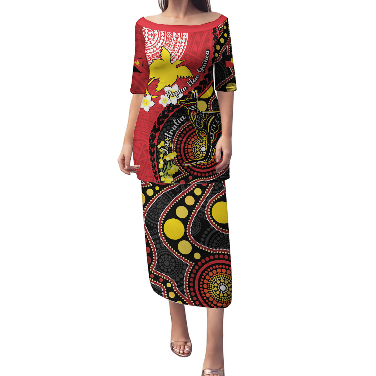 Papua New Guinea And Australia Aboriginal Family Matching Puletasi and Hawaiian Shirt Bird Of Paradise And Kangaroo Together LT05 Mom's Dress Red - Polynesian Pride