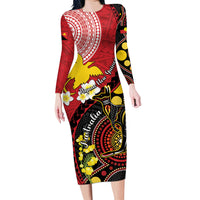 Papua New Guinea And Australia Aboriginal Long Sleeve Bodycon Dress Bird Of Paradise And Kangaroo Together LT05 Long Dress Red - Polynesian Pride