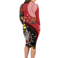 Papua New Guinea And Australia Aboriginal Long Sleeve Bodycon Dress Bird Of Paradise And Kangaroo Together LT05 - Polynesian Pride