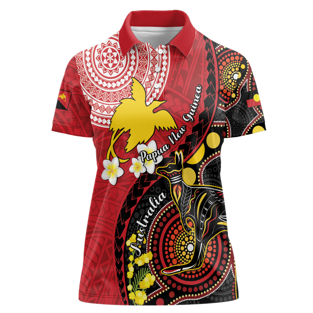 Papua New Guinea And Australia Aboriginal Women Polo Shirt Bird Of Paradise And Kangaroo Together LT05 Female Red - Polynesian Pride