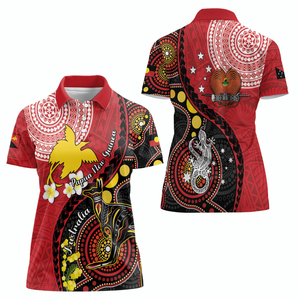Papua New Guinea And Australia Aboriginal Women Polo Shirt Bird Of Paradise And Kangaroo Together LT05 - Polynesian Pride