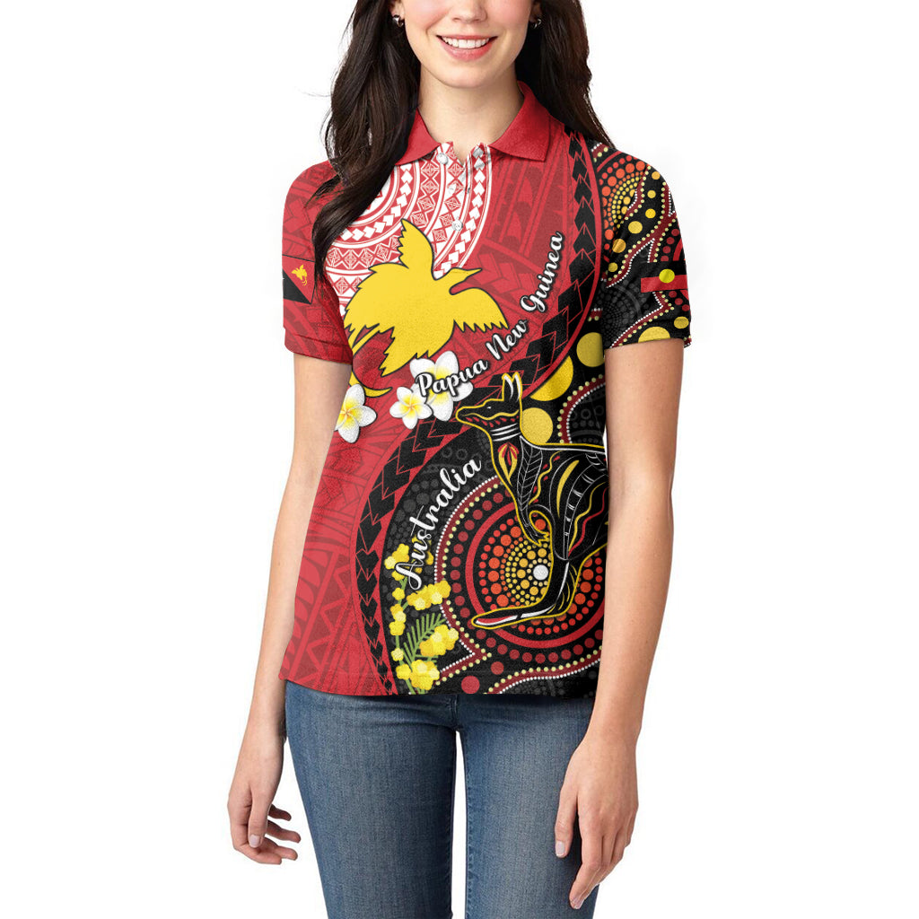 Papua New Guinea And Australia Aboriginal Women Polo Shirt Bird Of Paradise And Kangaroo Together LT05 - Polynesian Pride