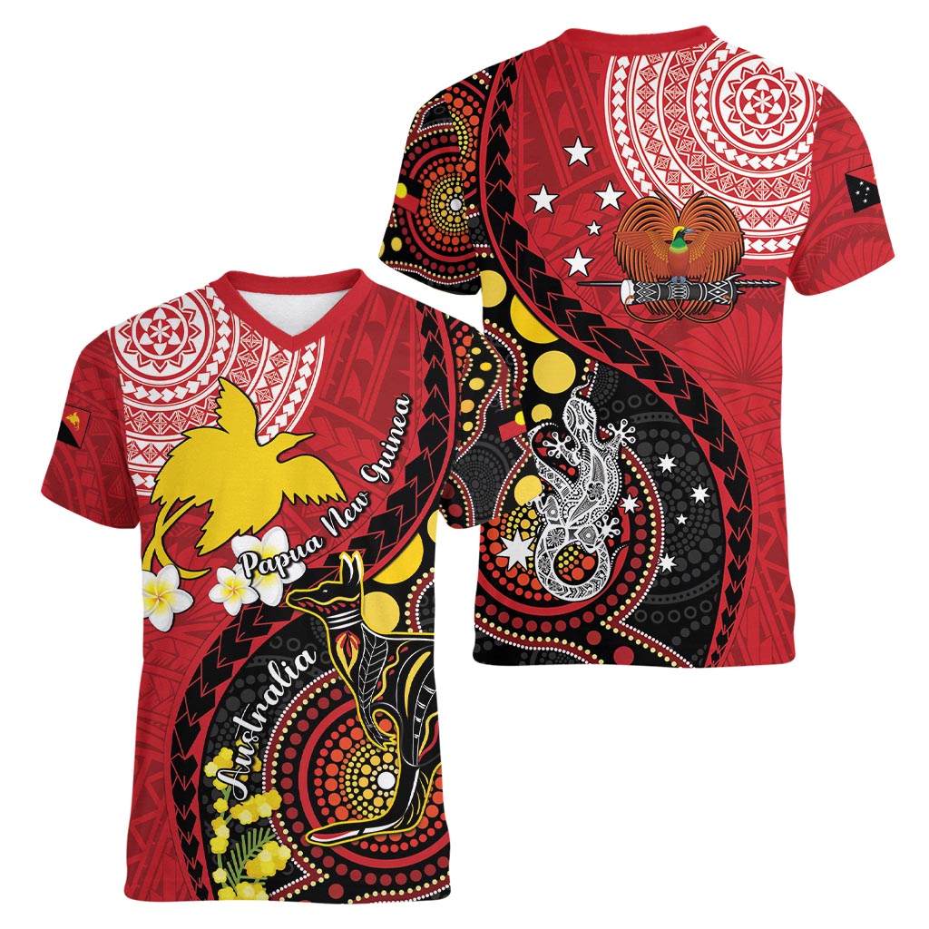 Papua New Guinea And Australia Aboriginal Women V-Neck T-Shirt Bird Of Paradise And Kangaroo Together