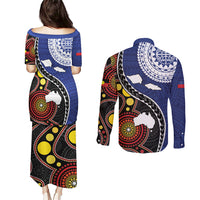 Samoa And Australia Together Couples Matching Puletasi and Long Sleeve Button Shirt Aboriginal Mix Polynesian