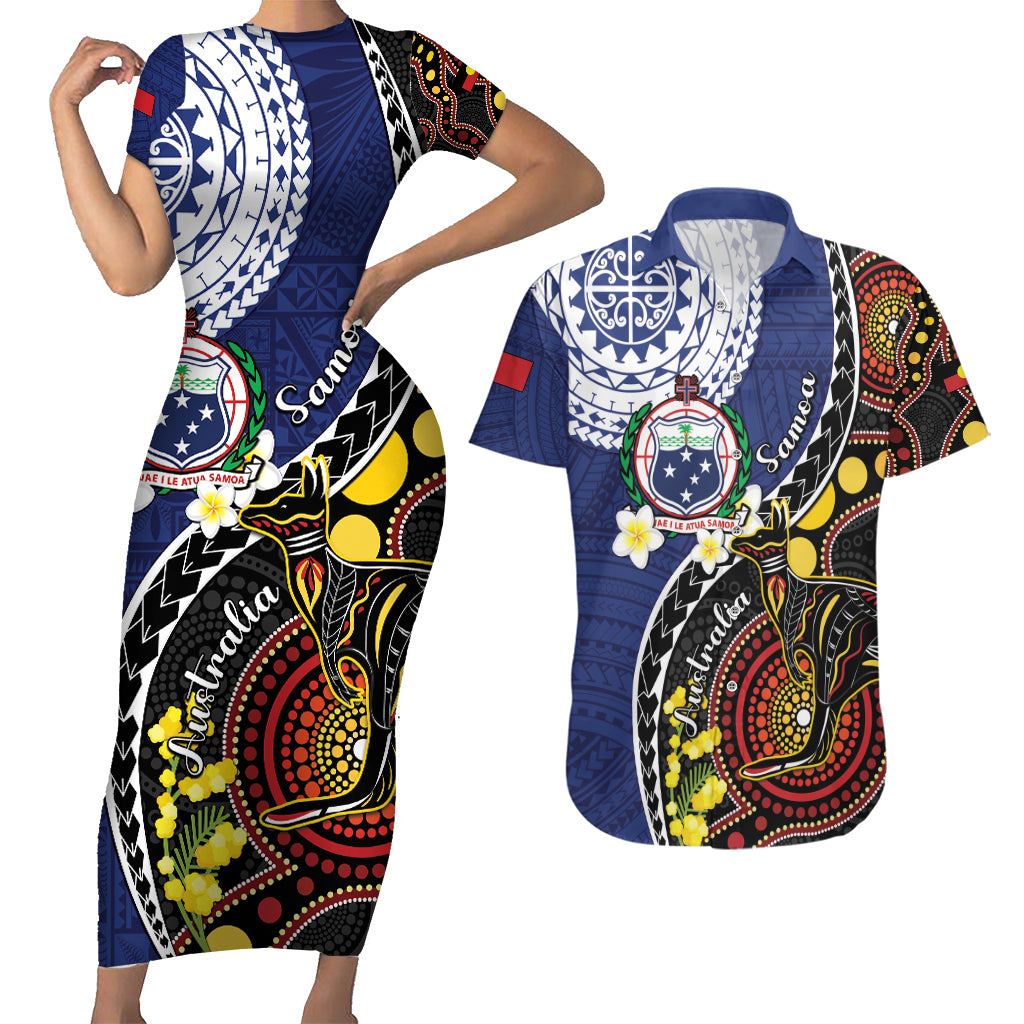 Samoa And Australia Together Couples Matching Short Sleeve Bodycon Dress and Hawaiian Shirt Aboriginal Mix Polynesian