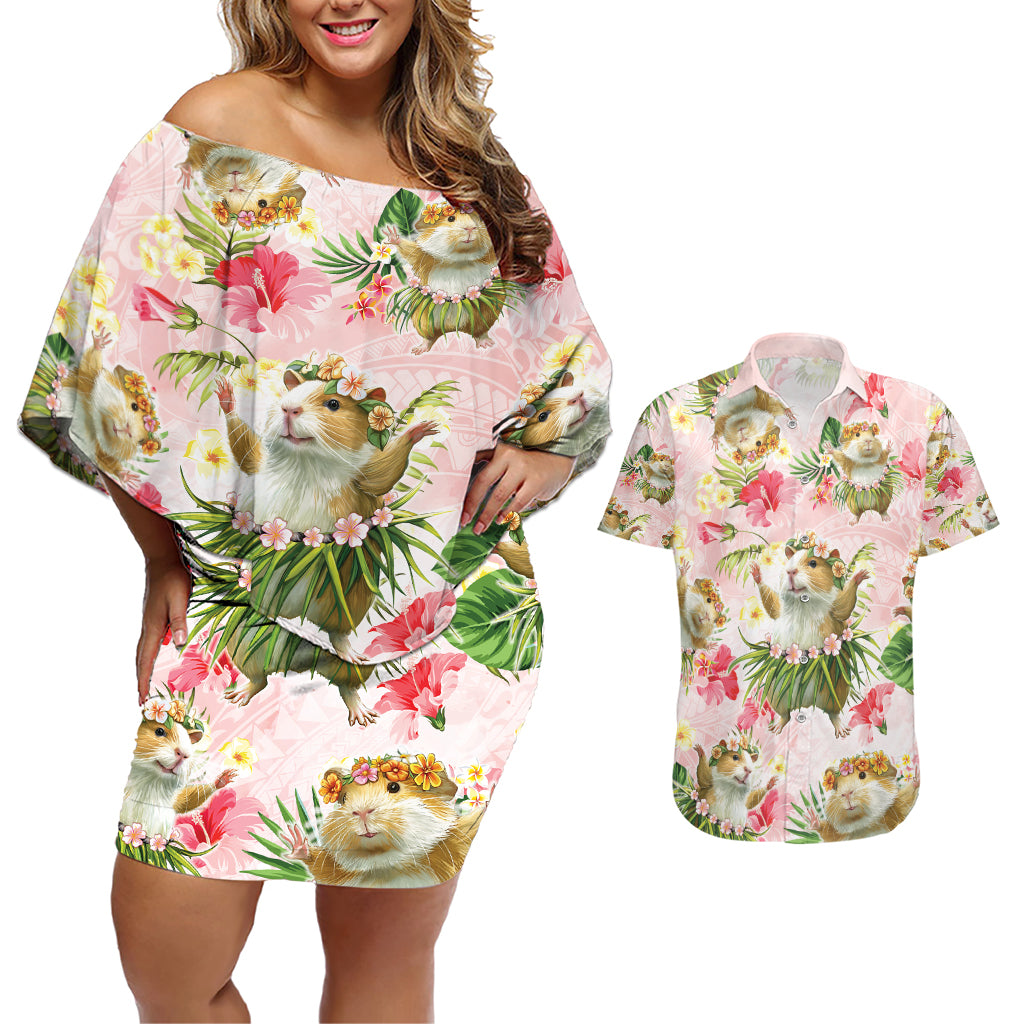 Hawaii Guinea Hula Pig Couples Matching Off Shoulder Short Dress and Hawaiian Shirt Funny Tropical Style LT05 Pink - Polynesian Pride