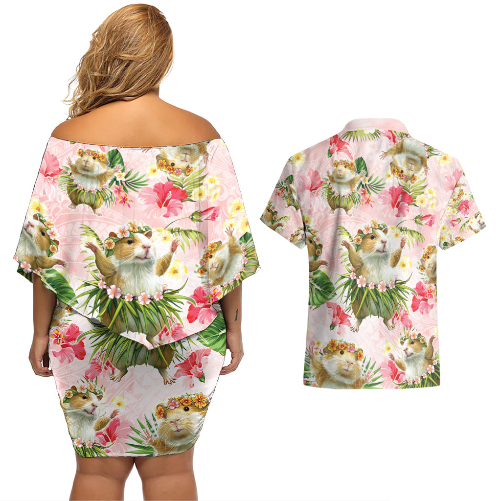 Hawaii Guinea Hula Pig Couples Matching Off Shoulder Short Dress and Hawaiian Shirt Funny Tropical Style LT05 - Polynesian Pride