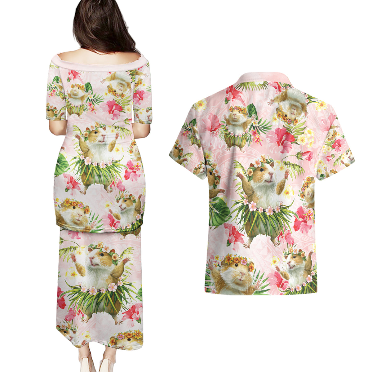 Hawaii Guinea Hula Pig Couples Matching Puletasi and Hawaiian Shirt Funny Tropical Style LT05 - Polynesian Pride
