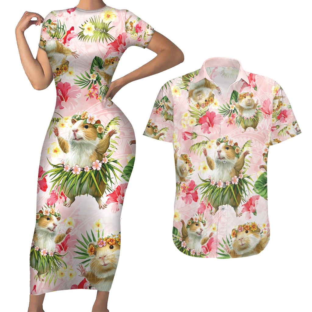 Hawaii Guinea Hula Pig Couples Matching Short Sleeve Bodycon Dress and Hawaiian Shirt Funny Tropical Style