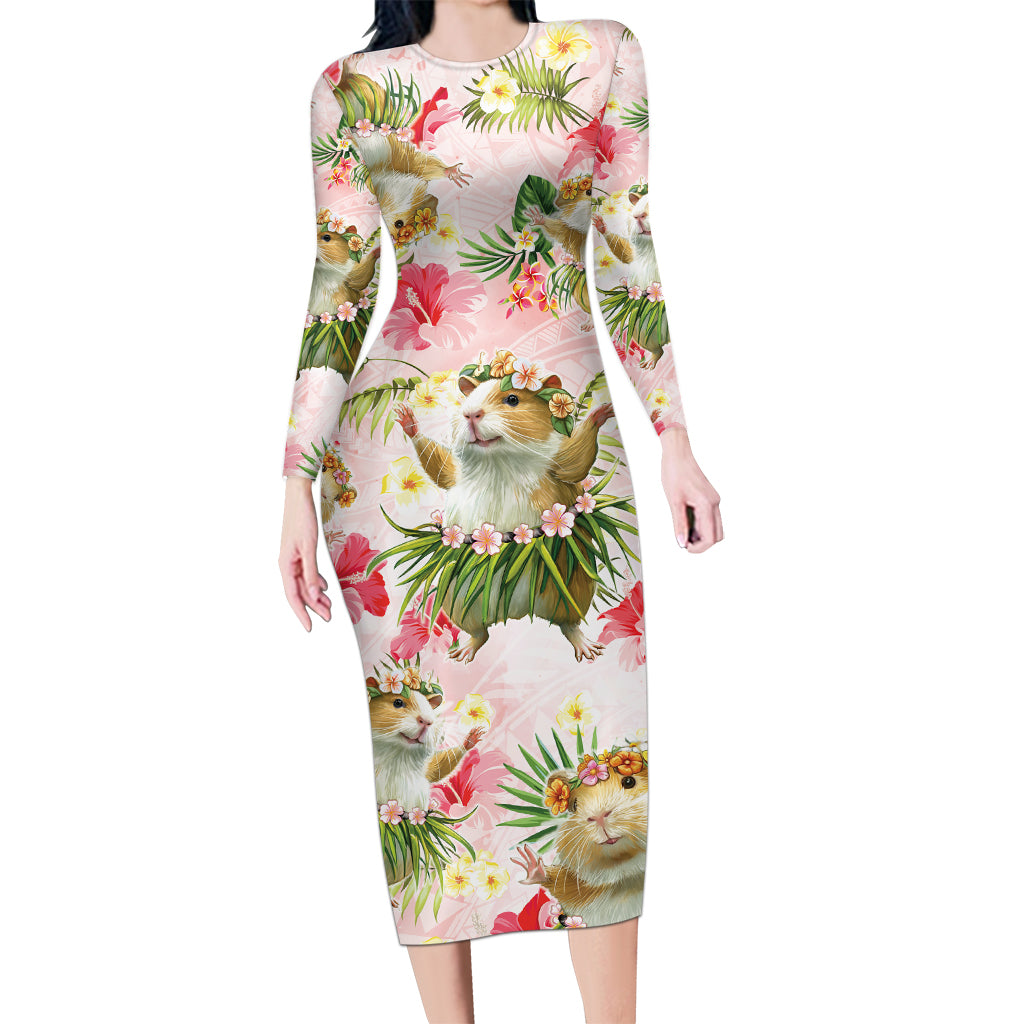 Hawaii Guinea Hula Pig Long Sleeve Bodycon Dress Funny Tropical Style LT05 Long Dress Pink - Polynesian Pride