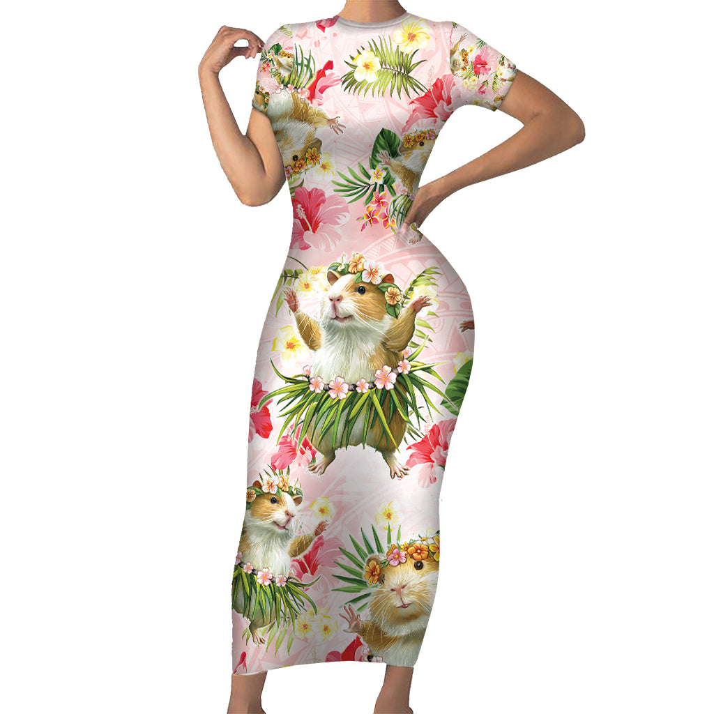 Hawaii Guinea Hula Pig Short Sleeve Bodycon Dress Funny Tropical Style LT05 Long Dress Pink - Polynesian Pride