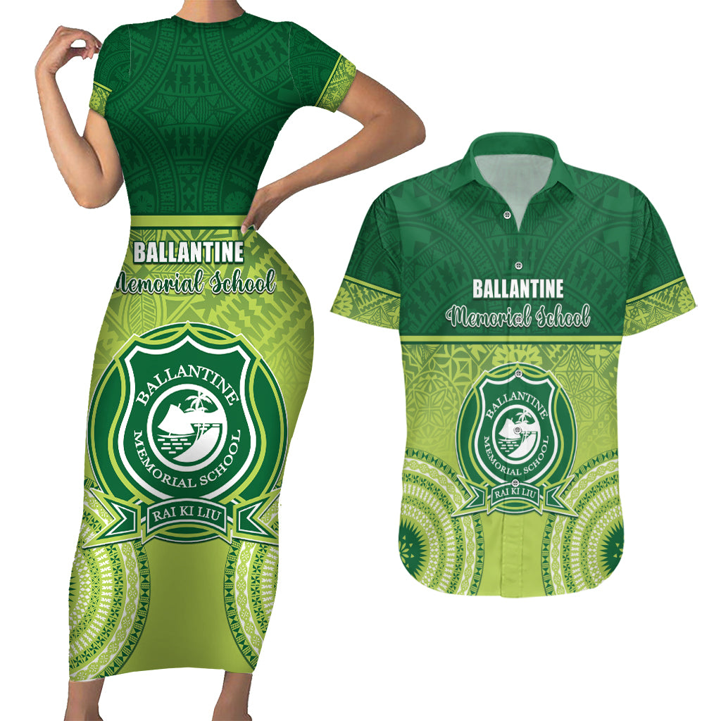 Personalised Ballantine Memorial School Couples Matching Short Sleeve Bodycon Dress and Hawaiian Shirt With Fijian Tapa Pattern LT05 Green - Polynesian Pride