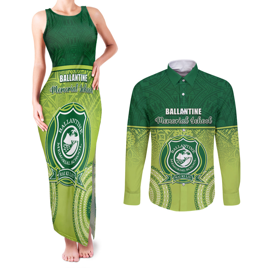 Personalised Ballantine Memorial School Couples Matching Tank Maxi Dress and Long Sleeve Button Shirt With Fijian Tapa Pattern