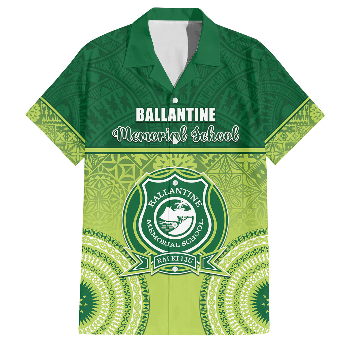 Personalised Ballantine Memorial School Family Matching Puletasi and Hawaiian Shirt With Fijian Tapa Pattern LT05 Dad's Shirt - Short Sleeve Green - Polynesian Pride