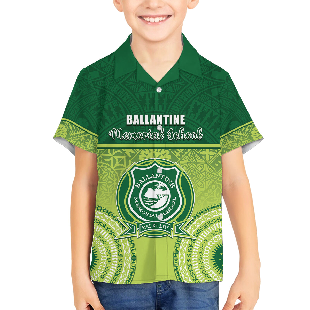 Personalised Ballantine Memorial School Family Matching Puletasi and Hawaiian Shirt With Fijian Tapa Pattern LT05 Son's Shirt Green - Polynesian Pride