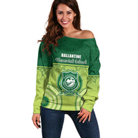 Personalised Ballantine Memorial School Off Shoulder Sweater With Fijian Tapa Pattern LT05 Women Green - Polynesian Pride