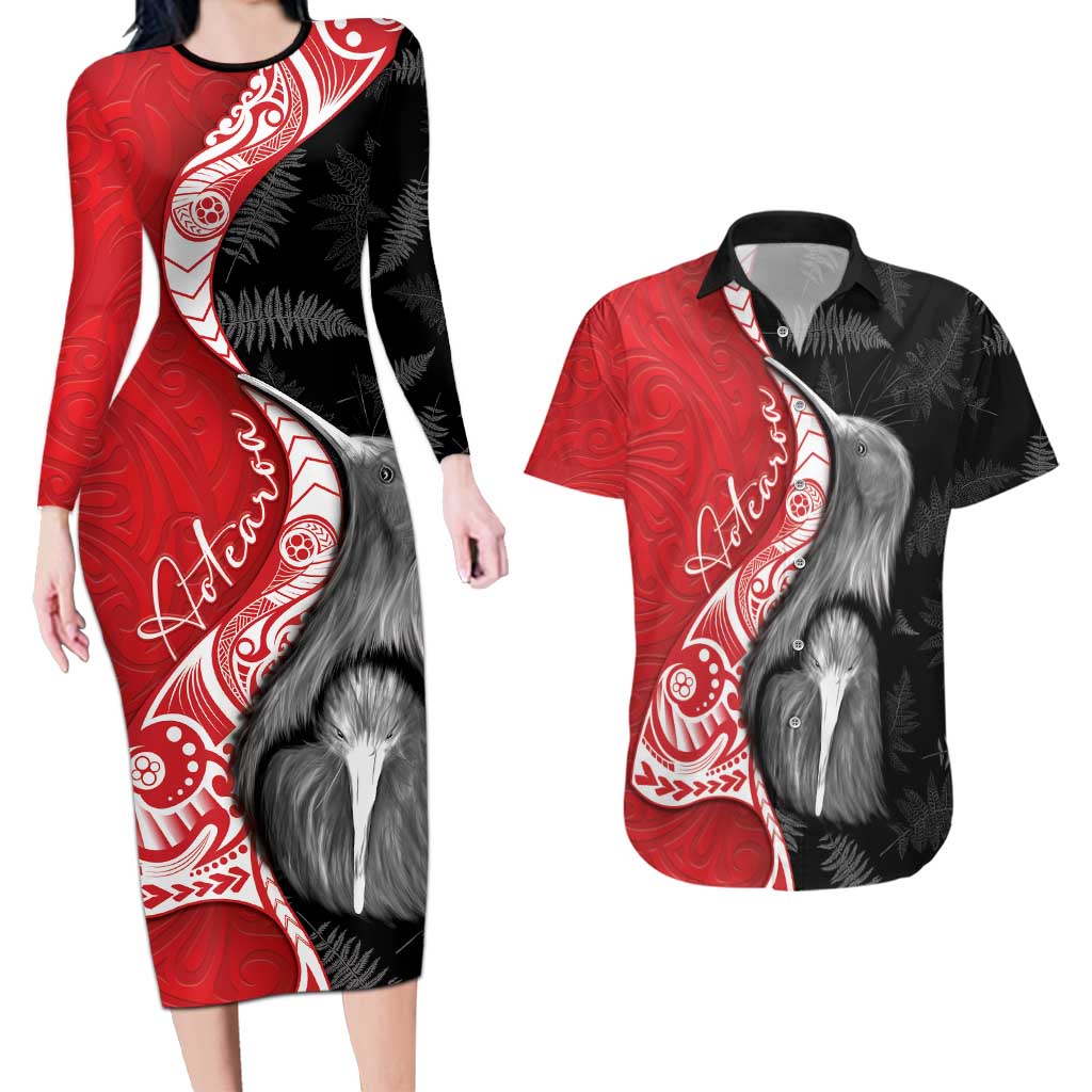 New Zealand Aotearoa Couples Matching Long Sleeve Bodycon Dress and Hawaiian Shirt Kiwi Fern Maori Pattern Red Version