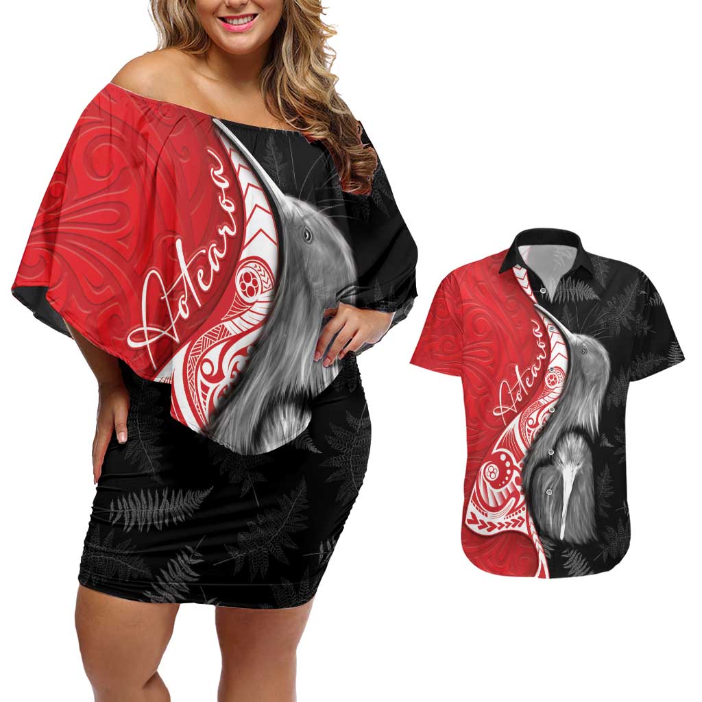 New Zealand Aotearoa Couples Matching Off Shoulder Short Dress and Hawaiian Shirt Kiwi Fern Maori Pattern Red Version LT05 Red - Polynesian Pride
