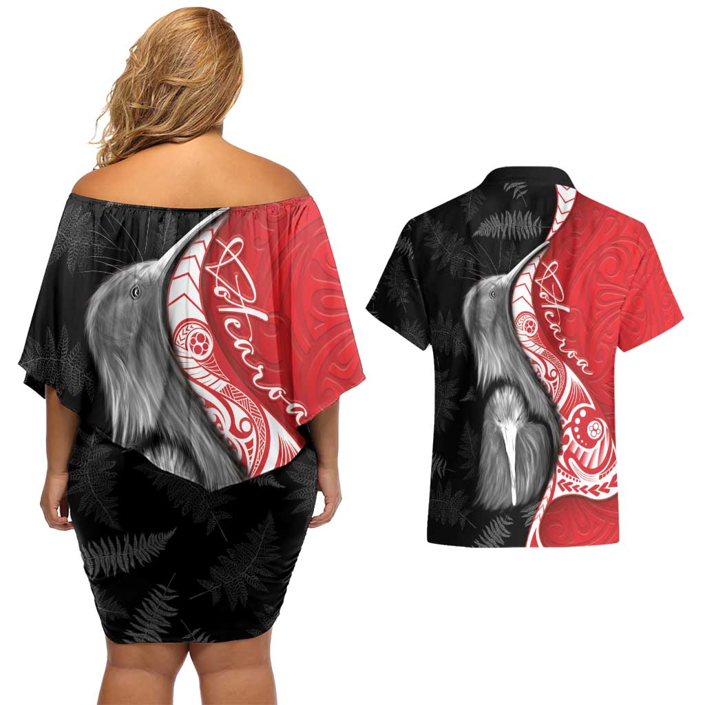 New Zealand Aotearoa Couples Matching Off Shoulder Short Dress and Hawaiian Shirt Kiwi Fern Maori Pattern Red Version LT05 - Polynesian Pride