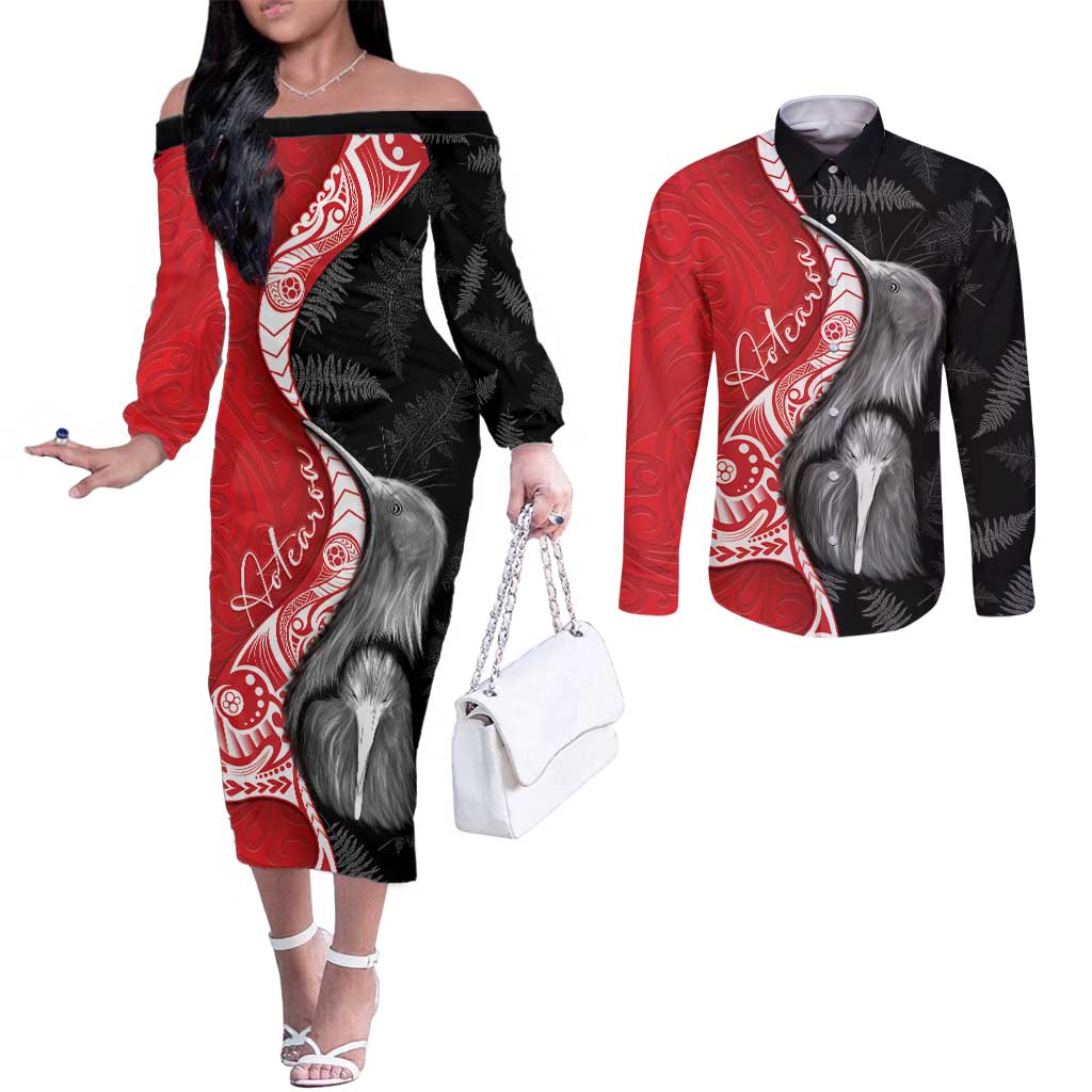 New Zealand Aotearoa Couples Matching Off The Shoulder Long Sleeve Dress and Long Sleeve Button Shirt Kiwi Fern Maori Pattern Red Version