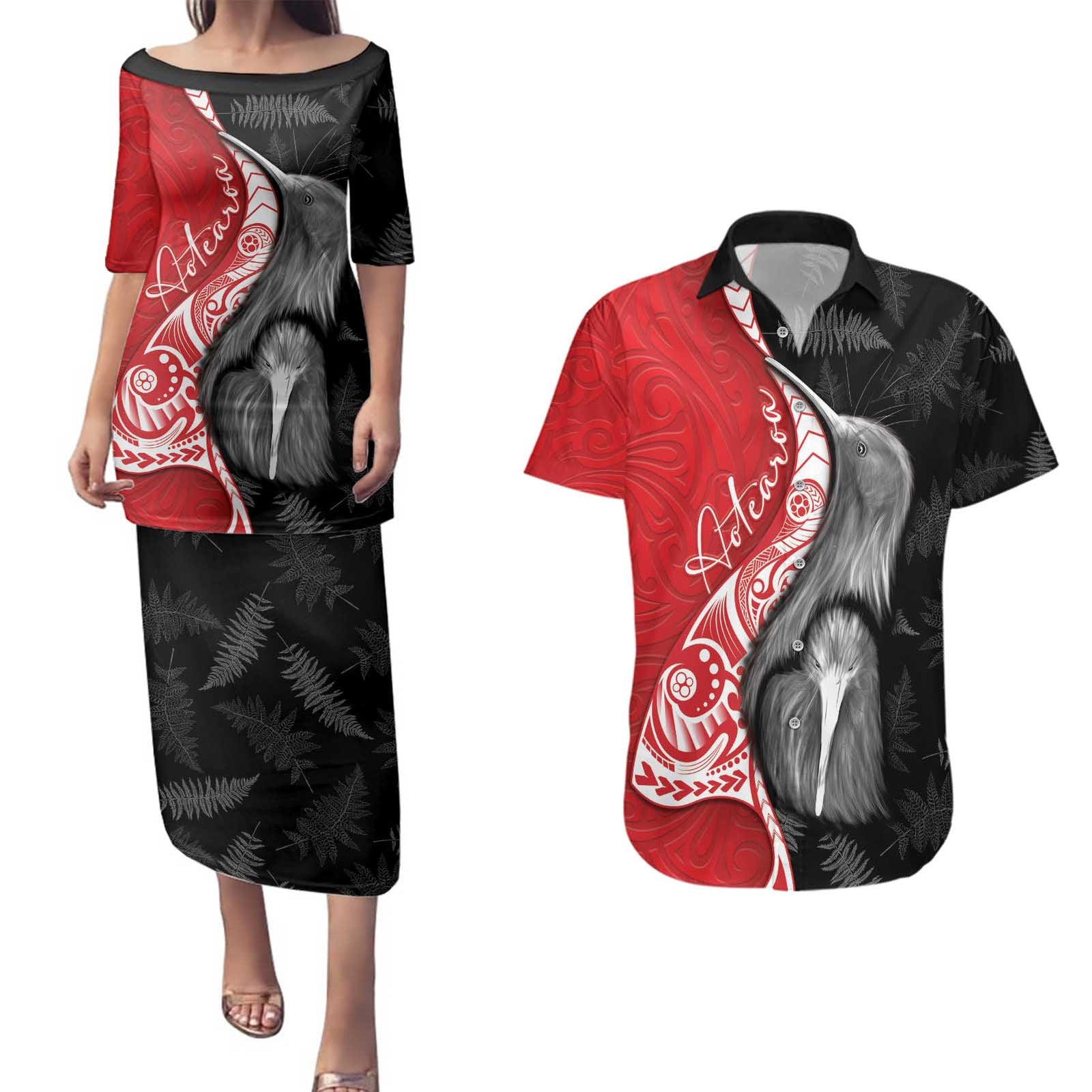 New Zealand Aotearoa Couples Matching Puletasi and Hawaiian Shirt Kiwi Fern Maori Pattern Red Version