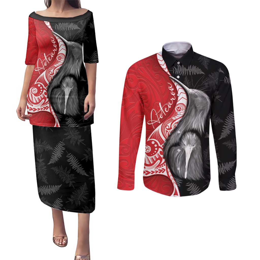 New Zealand Aotearoa Couples Matching Puletasi and Long Sleeve Button Shirt Kiwi Fern Maori Pattern Red Version