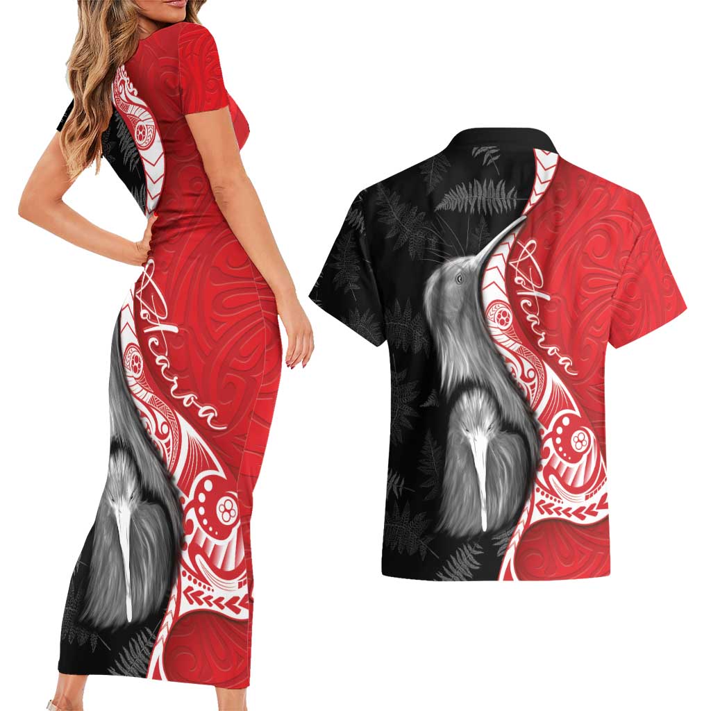 New Zealand Aotearoa Couples Matching Short Sleeve Bodycon Dress and Hawaiian Shirt Kiwi Fern Maori Pattern Red Version LT05 - Polynesian Pride