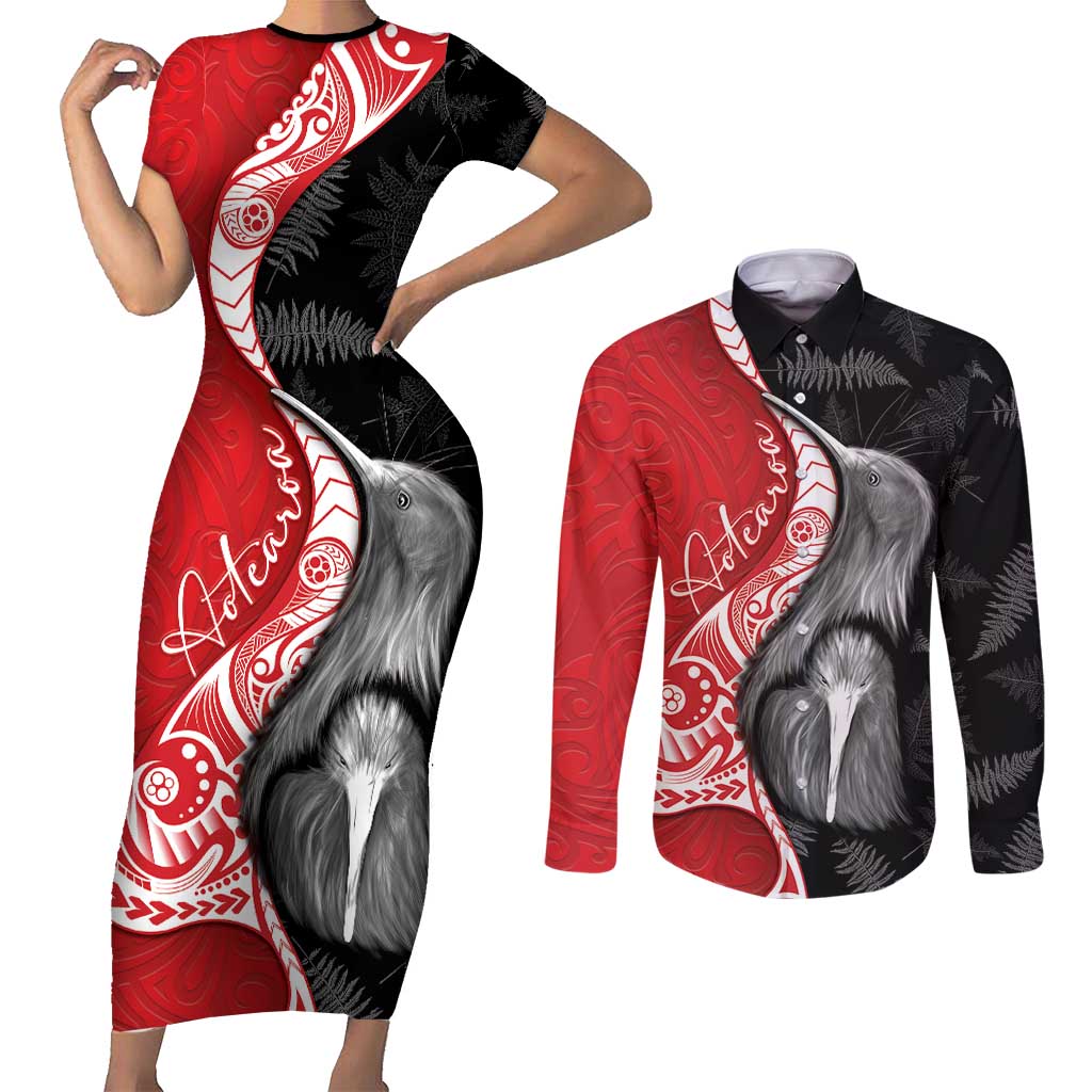 New Zealand Aotearoa Couples Matching Short Sleeve Bodycon Dress and Long Sleeve Button Shirt Kiwi Fern Maori Pattern Red Version LT05 Red - Polynesian Pride