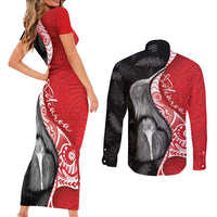 New Zealand Aotearoa Couples Matching Short Sleeve Bodycon Dress and Long Sleeve Button Shirt Kiwi Fern Maori Pattern Red Version LT05 - Polynesian Pride