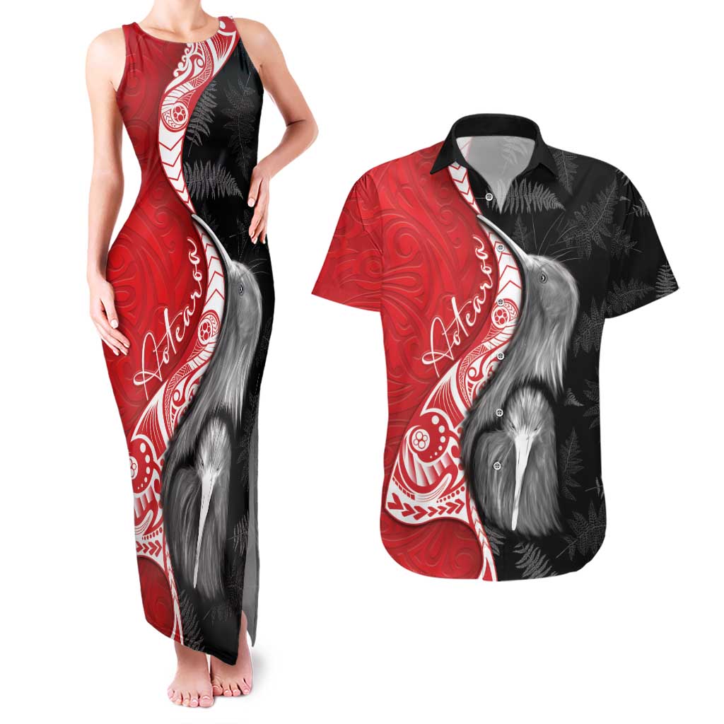 New Zealand Aotearoa Couples Matching Tank Maxi Dress and Hawaiian Shirt Kiwi Fern Maori Pattern Red Version LT05 Red - Polynesian Pride