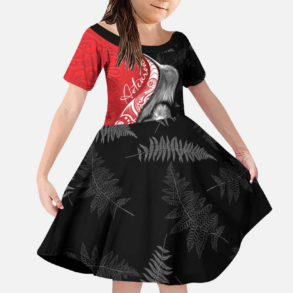 New Zealand Aotearoa Family Matching Long Sleeve Bodycon Dress and Hawaiian Shirt Kiwi Fern Maori Pattern Red Version