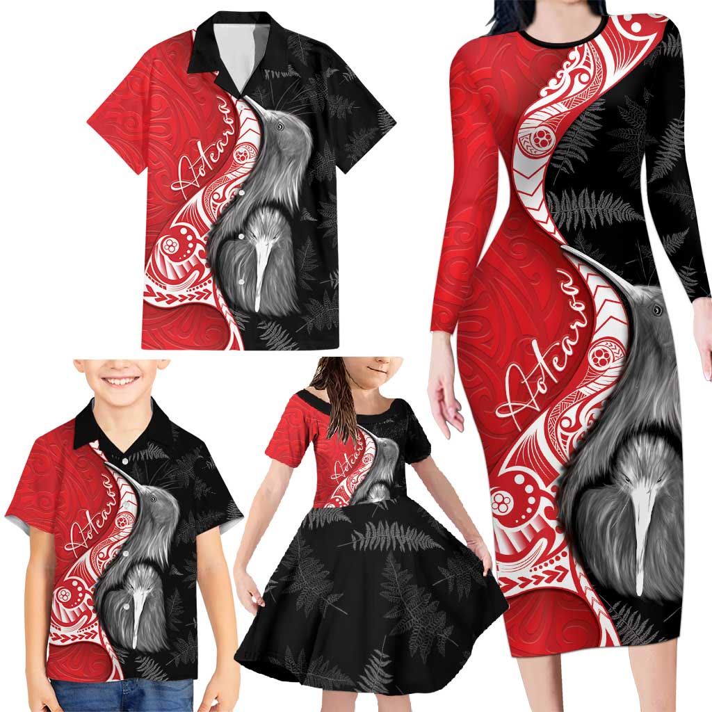 New Zealand Aotearoa Family Matching Long Sleeve Bodycon Dress and Hawaiian Shirt Kiwi Fern Maori Pattern Red Version