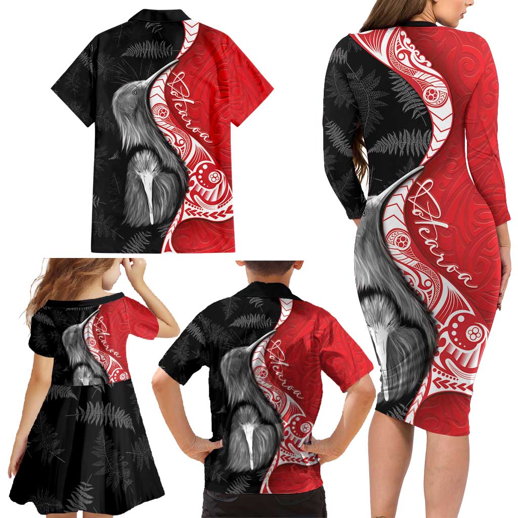 New Zealand Aotearoa Family Matching Long Sleeve Bodycon Dress and Hawaiian Shirt Kiwi Fern Maori Pattern Red Version