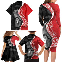 New Zealand Aotearoa Family Matching Long Sleeve Bodycon Dress and Hawaiian Shirt Kiwi Fern Maori Pattern Red Version