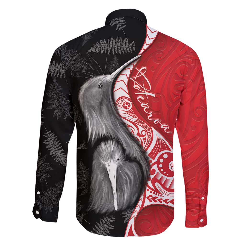 New Zealand Aotearoa Family Matching Long Sleeve Bodycon Dress and Hawaiian Shirt Kiwi Fern Maori Pattern Red Version