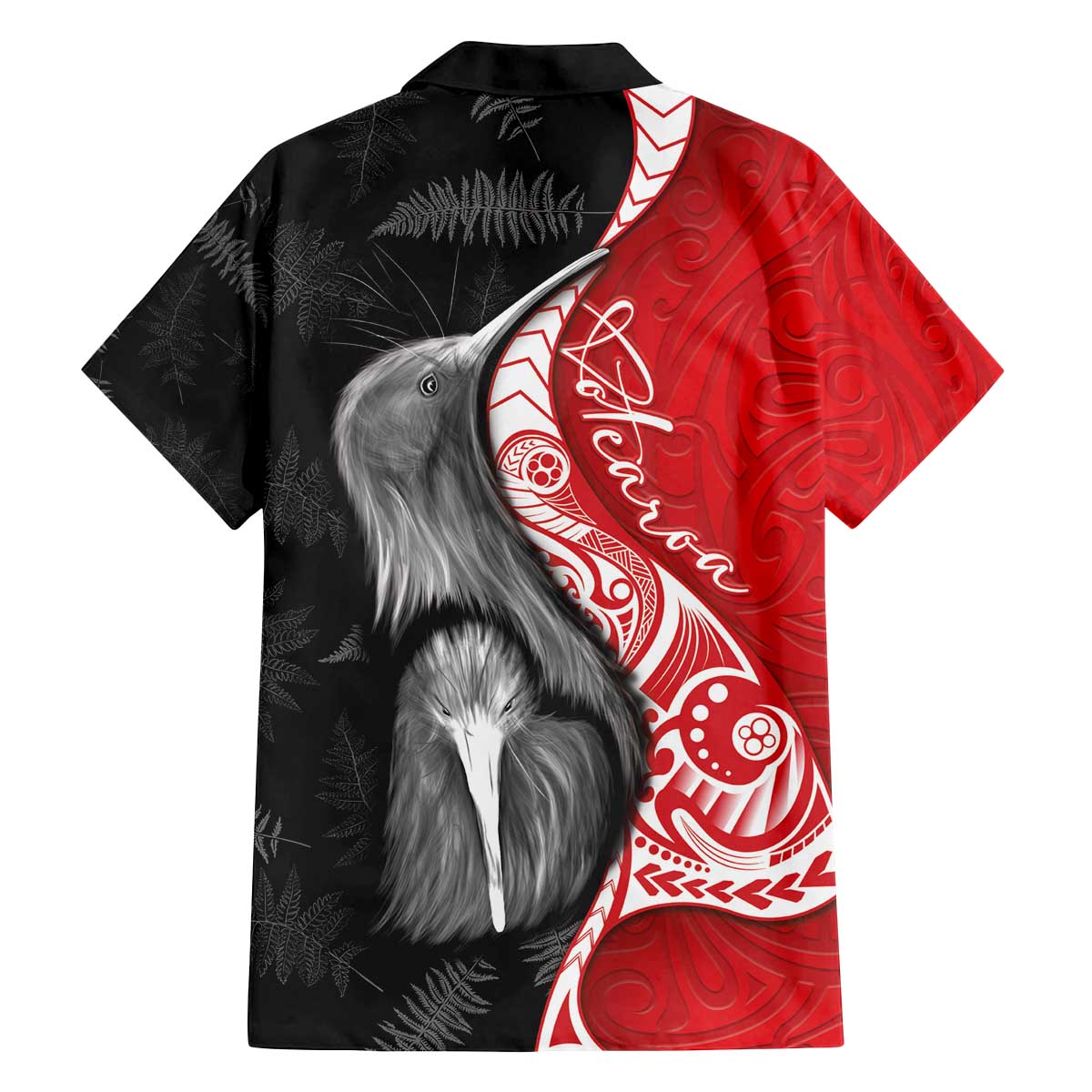 New Zealand Aotearoa Family Matching Off The Shoulder Long Sleeve Dress and Hawaiian Shirt Kiwi Fern Maori Pattern Red Version