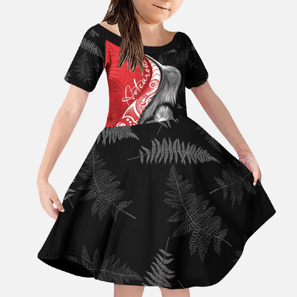 New Zealand Aotearoa Family Matching Off Shoulder Maxi Dress and Hawaiian Shirt Kiwi Fern Maori Pattern Red Version LT05 Daughter's Dress Red - Polynesian Pride