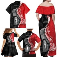 New Zealand Aotearoa Family Matching Off Shoulder Maxi Dress and Hawaiian Shirt Kiwi Fern Maori Pattern Red Version LT05 - Polynesian Pride