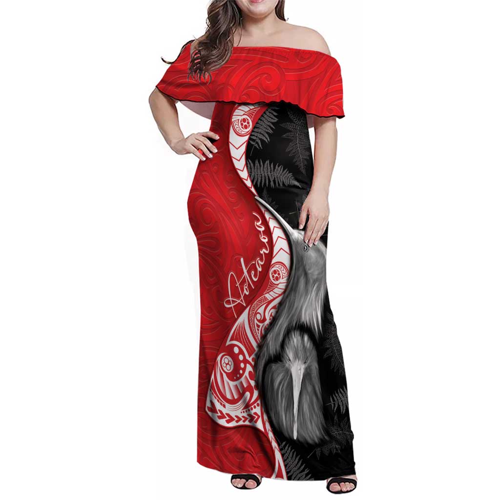 New Zealand Aotearoa Family Matching Off Shoulder Maxi Dress and Hawaiian Shirt Kiwi Fern Maori Pattern Red Version LT05 Mom's Dress Red - Polynesian Pride