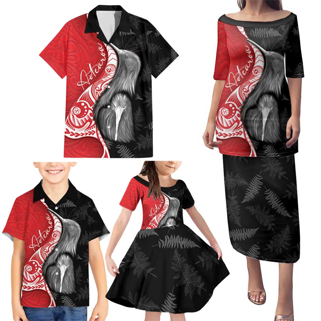 New Zealand Aotearoa Family Matching Puletasi and Hawaiian Shirt Kiwi Fern Maori Pattern Red Version
