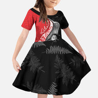 New Zealand Aotearoa Family Matching Short Sleeve Bodycon Dress and Hawaiian Shirt Kiwi Fern Maori Pattern Red Version
